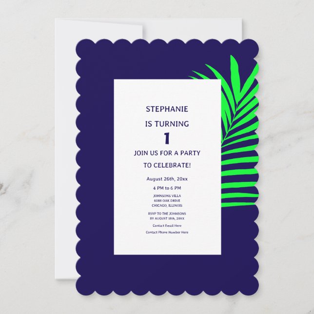 Invitación 1.ᵉʳ Cumpleaños Azul Verde Hoja de Palma Tropical (Anverso)