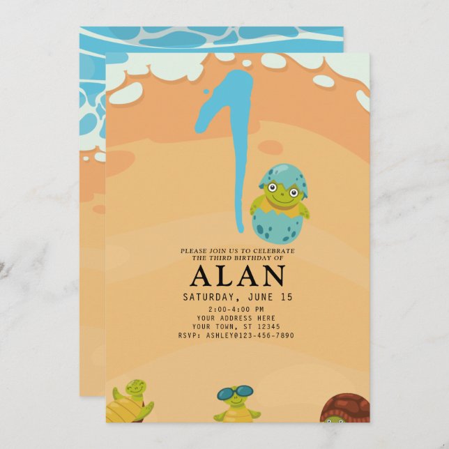 Invitación 1.ᵉʳ cumpleaños bajo el agua del mar TURTLE (Anverso / Reverso)