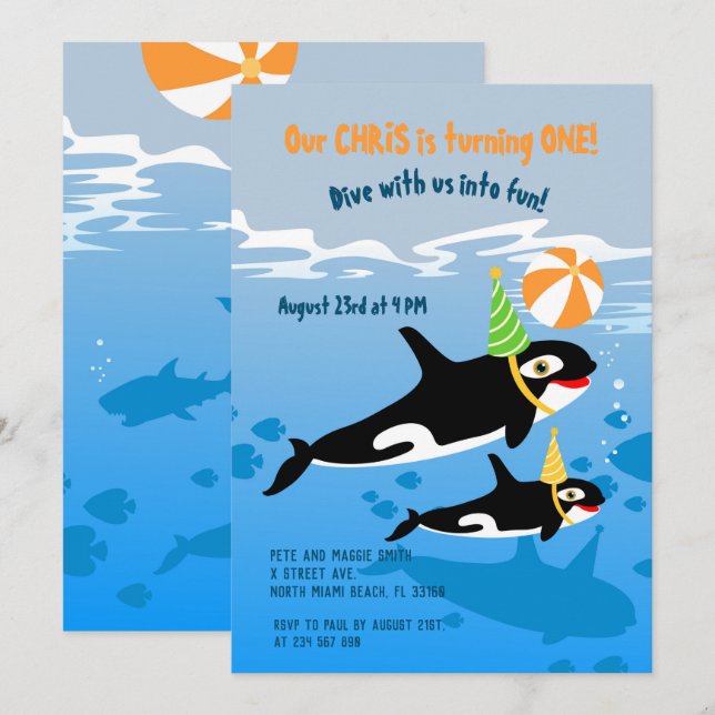 Invitación 1.ᵉʳ cumpleaños bajo el fiesta de ballenas de orca (Anverso / Reverso)