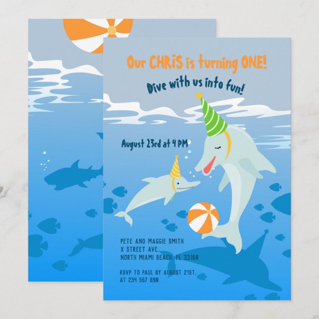 Invitación 1.ᵉʳ cumpleaños bajo el fiesta de los delfines del (Anverso / Reverso)