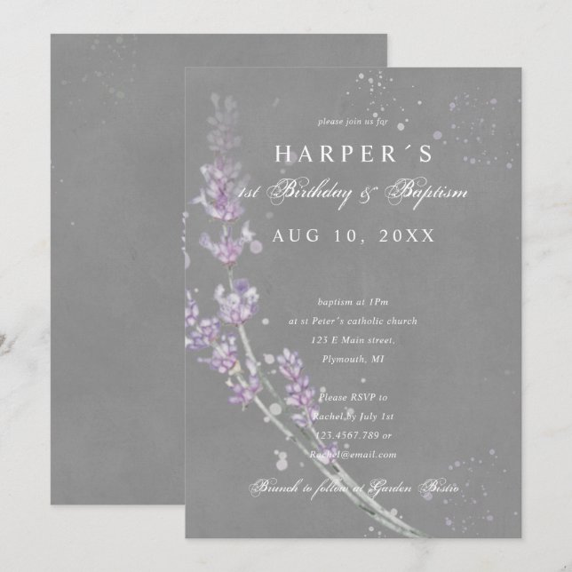 Invitación 1.ᵉʳ cumpleaños Baptism lavanda flores gris (Anverso / Reverso)
