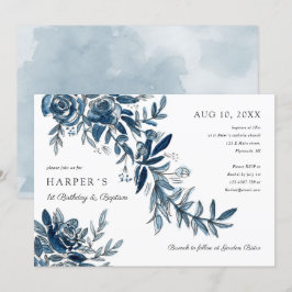 Invitación 1.ᵉʳ cumpleaños Bautismo azul acuarela floral