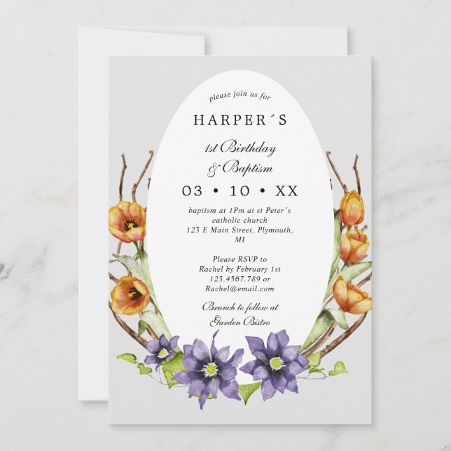 Invitación 1.ᵉʳ cumpleaños Bautismo primavera flores en forma (Anverso)