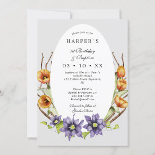 Invitación 1.ᵉʳ cumpleaños Bautismo primavera flores en forma