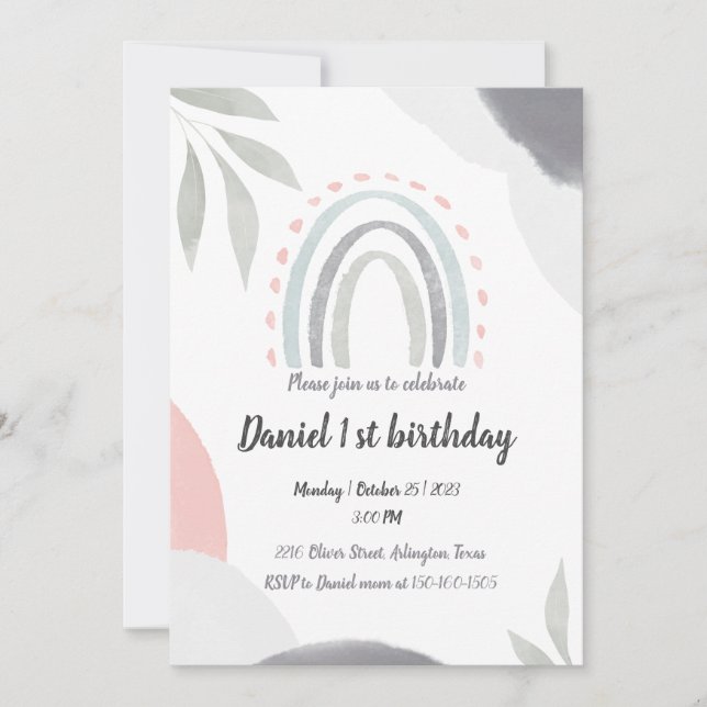 Invitación 1.ᵉʳ cumpleaños boho acuarela bebé shawer (Anverso)