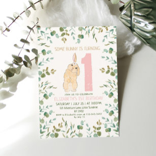 Invitación 1.ᵉʳ cumpleaños Bunny Watercolor Eucalyptus Rosa