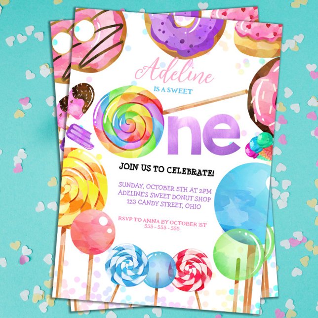 Invitación 1.ᵉʳ cumpleaños Candyland Lollypop dulce dulce dul (Sweet One Birthday Candy Invitation!)