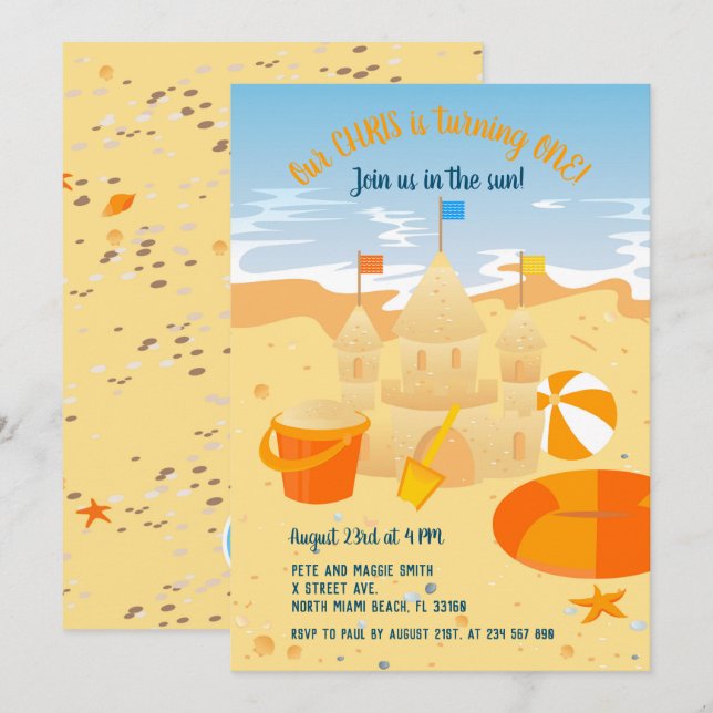 Invitación 1.ᵉʳ cumpleaños castillo de arena y fiesta de dive (Anverso / Reverso)