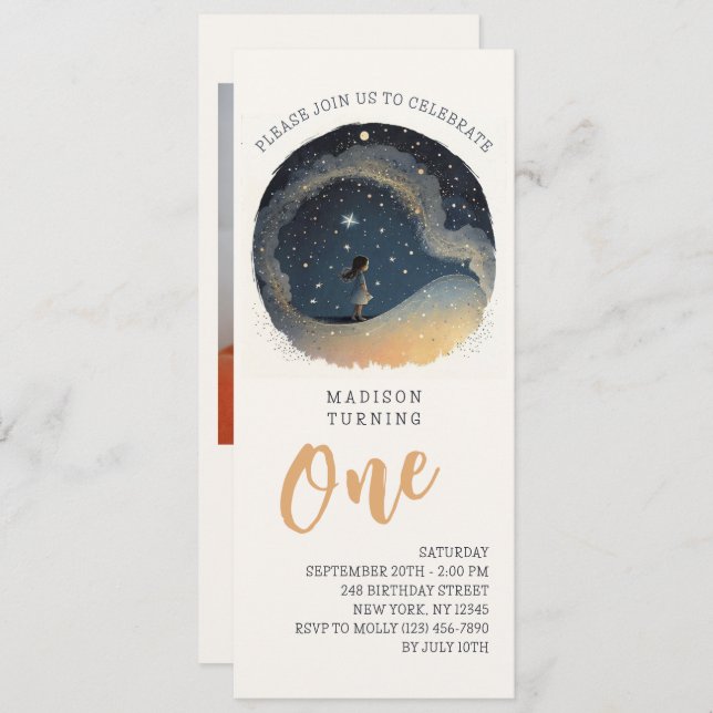 Invitación 1.ᵉʳ Cumpleaños Celestial Estrella Watercolor Chic (Anverso / Reverso)