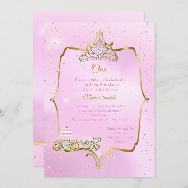 Invitación 1.ᵉʳ cumpleaños Cenicienta Pastel de Carriaje Rosa (Anverso / Reverso)