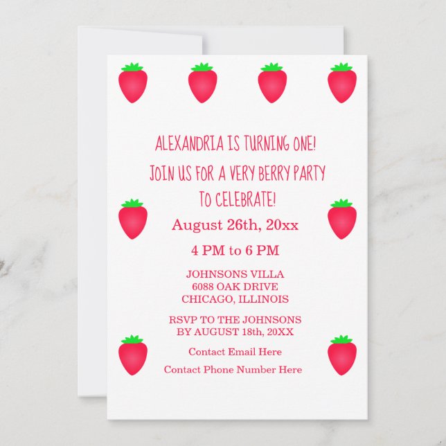 Invitación 1.ᵉʳ cumpleaños Chica Fiesta de fresa muy lindo (Anverso)
