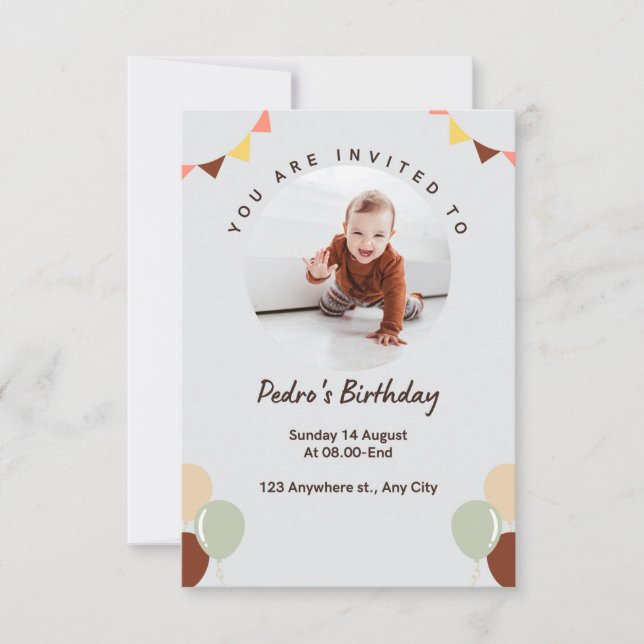 INVITACIÓN 1.ᵉʳ CUMPLEAÑOS CON BALLÓN Y FOTO (Anverso)
