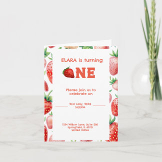 Invitación 1.ᵉʳ cumpleaños con estampado de fresa