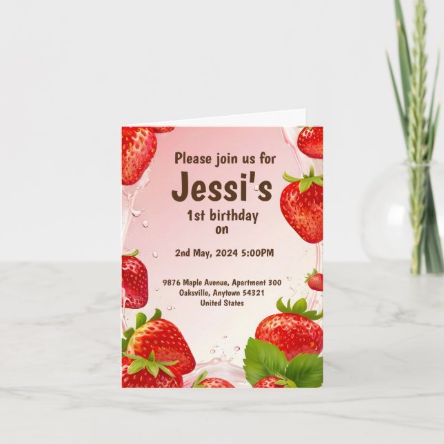 Invitación 1.ᵉʳ cumpleaños con jugo de fresa salpicado (Anverso)