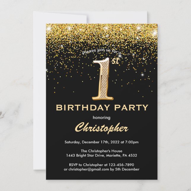 Invitación 1.ᵉʳ cumpleaños Confetti Purpurina de oro y negro (Anverso)