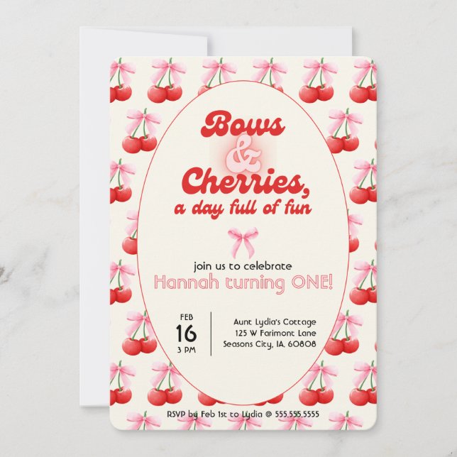 Invitación 1.ᵉʳ cumpleaños Coquette Cherries dobla letras de  (Anverso)