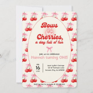Invitación 1.ᵉʳ cumpleaños Coquette Cherries dobla letras de 