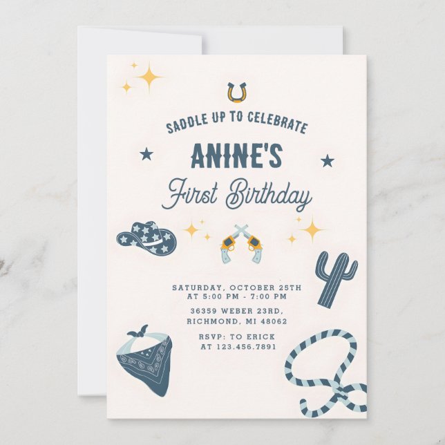 Invitación 1.ᵉʳ cumpleaños CowBoy Wild West (Anverso)