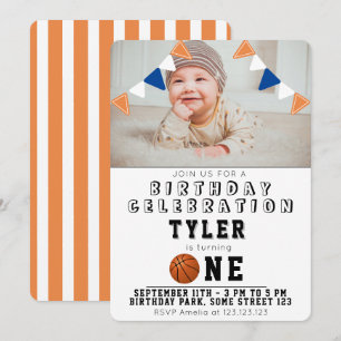 Invitación 1.ᵉʳ cumpleaños Cute Basketball Balls Kids Photo