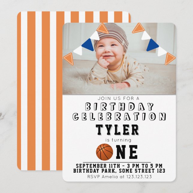 Invitación 1.ᵉʳ cumpleaños Cute Basketball Balls Kids Photo (Anverso / Reverso)
