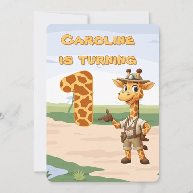 Invitación 1.ᵉʳ cumpleaños Cute Explorer Giraffe en safari (Anverso)