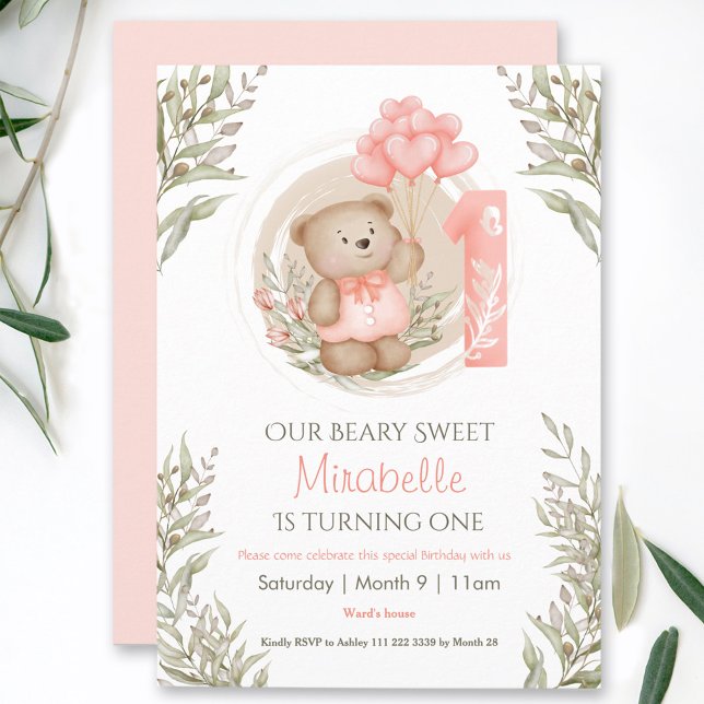 Invitación 1.ᵉʳ cumpleaños Cute Teddy Oso Peach Heart Balones (1st Birthday Cute Teddy Bear Peach Heart Balloons Invitation)