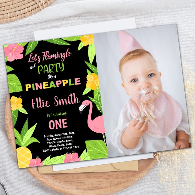 Invitación 1.ᵉʳ cumpleaños de flamenco negro y piña con foto (1st Black Flamingo & Pineapple Birthday with photo Invitation)