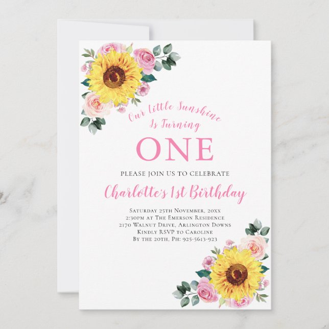 Invitación 1.ᵉʳ cumpleaños de flor de girasol rosada (Anverso)