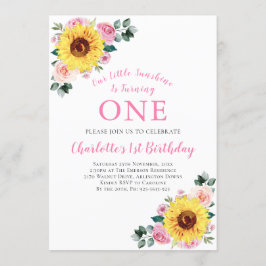 Invitación 1.ᵉʳ cumpleaños de flor de girasol rosada