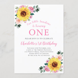 Invitación 1.ᵉʳ cumpleaños de flor de girasol rosada