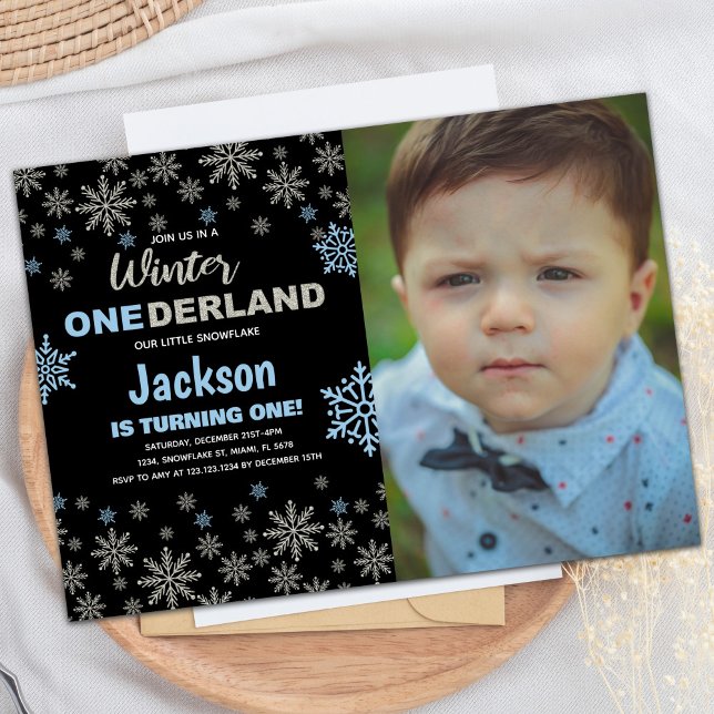 Invitación 1.ᵉʳ cumpleaños de invierno de la Nieve azul Onede (1st Blue Snow Winter Birthday Onederland w photo Invitation)