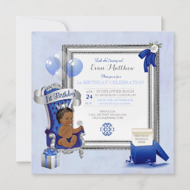 Invitación 1.ᵉʳ cumpleaños de la etnia Royal Blue Silver foto (Anverso)