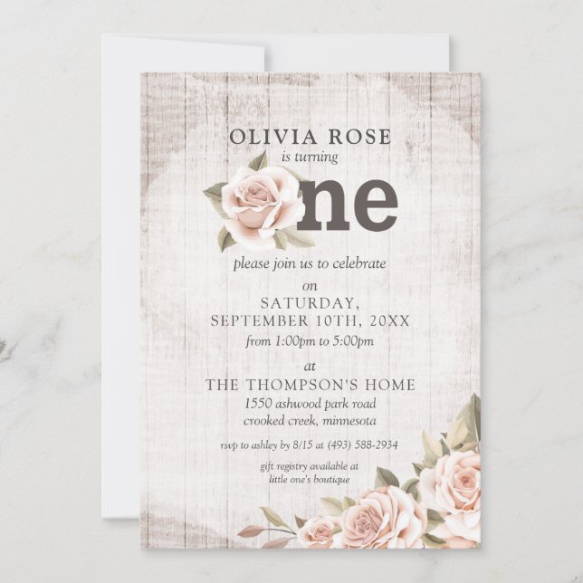 Invitación 1.ᵉʳ cumpleaños de la floral rústica de madera Sha (Anverso)