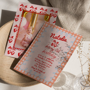 Invitación 1.ᵉʳ cumpleaños de la foto de fresa dibujada por l