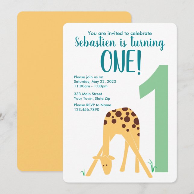 Invitación 1.ᵉʳ cumpleaños de la jirafa moderna de bebé amari (Anverso / Reverso)