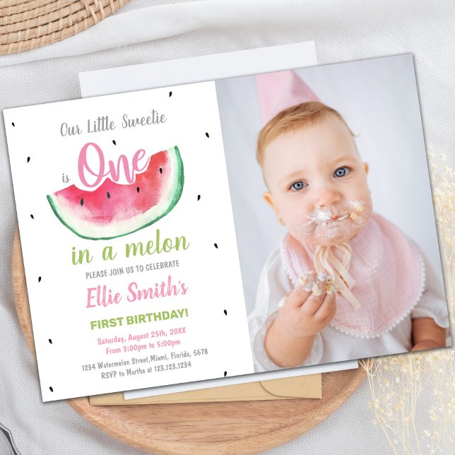 Invitación 1.ᵉʳ cumpleaños de la sandía con foto (1st Watermelon Birthday Invitations w photo)