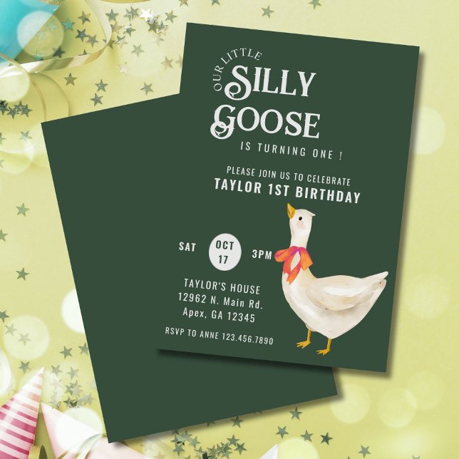 Invitación 1.ᵉʳ cumpleaños de un tonto ganso (Minimalist “One Silly Goose” 1st birthday invite with dark green background and simple layout.)