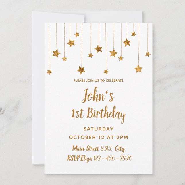 Invitación 1.ᵉʳ Cumpleaños - Delicadas Estrellas Doradas Míni (Anverso)