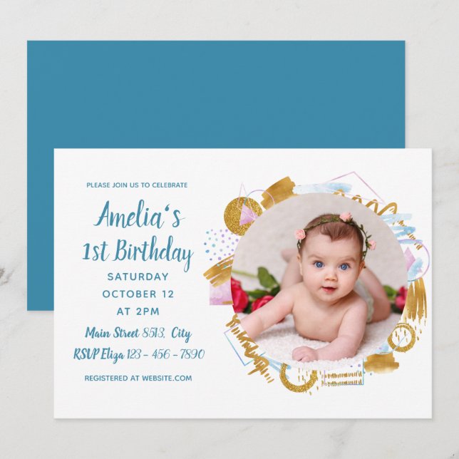 Invitación 1.ᵉʳ cumpleaños - Delicado marco de fotos de espas (Anverso / Reverso)