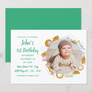 Invitación 1.ᵉʳ cumpleaños - Delicado marco de fotos doradas