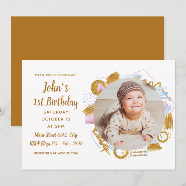Invitación 1.ᵉʳ cumpleaños - Delicado marco de fotos doradas (Anverso / Reverso)