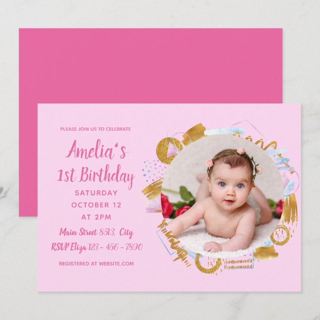 Invitación 1.ᵉʳ cumpleaños - Delicado marco de fotos rosa y o (Anverso / Reverso)