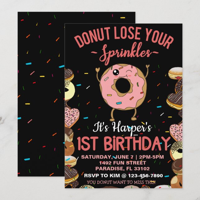 Invitación 1.ᵉʳ Cumpleaños Donut pierde sus rociadas de 1 año (Anverso / Reverso)