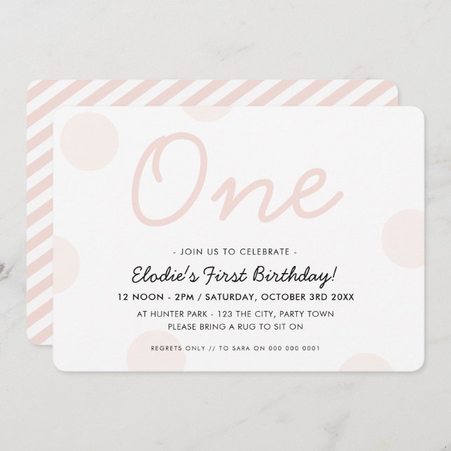 Invitación 1.ᵉʳ CUMPLEAÑOS FIESTA bebé chica rosa UN punto de (Anverso / Reverso)