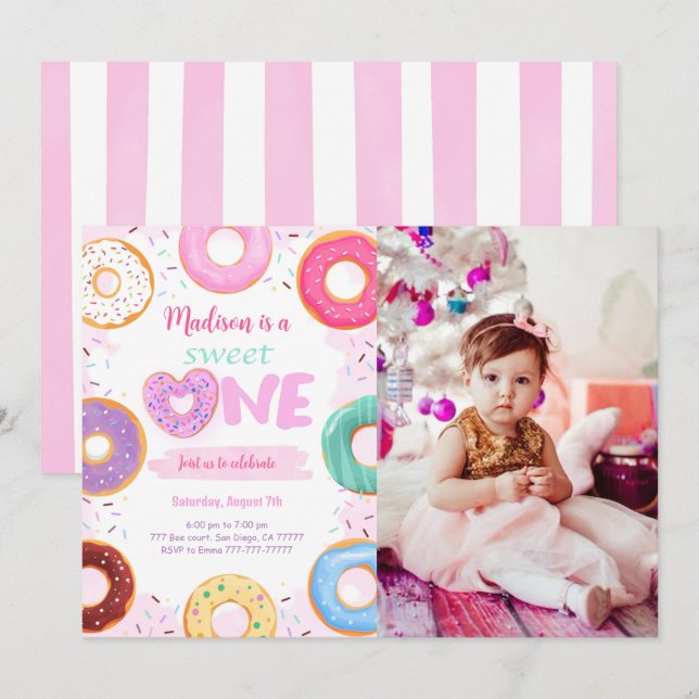 Invitación 1.ᵉʳ cumpleaños Fiesta Donut Foto (Anverso / Reverso)