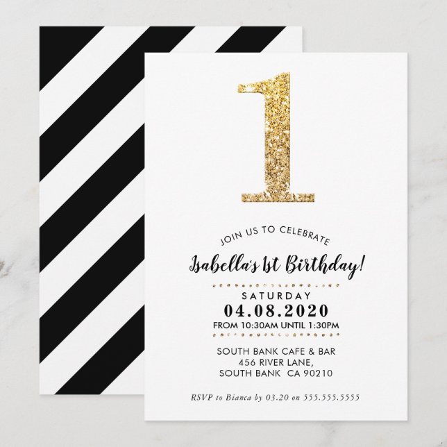 Invitación 1.ᵉʳ CUMPLEAÑOS FIESTA INVITAR purpurina de oro mo (Anverso / Reverso)