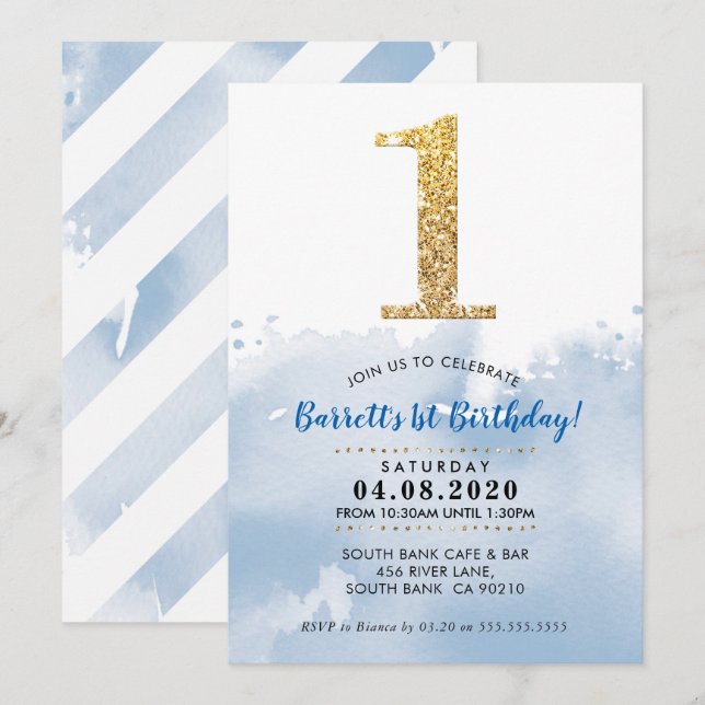 Invitación 1.ᵉʳ CUMPLEAÑOS FIESTA INVITAR purpurina oro moder (Anverso / Reverso)