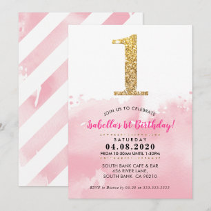 Invitación 1.ᵉʳ CUMPLEAÑOS FIESTA INVITAR rosa purpurina oro 