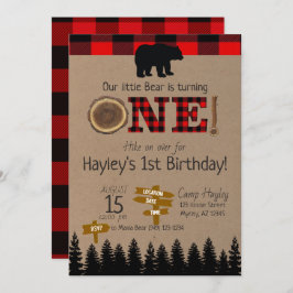 Invitación 1.ᵉʳ Cumpleaños Flannel Temática del Oso Pequeño C