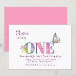 Invitación 1.ᵉʳ cumpleaños Flores arcoiris rosas y parte mari